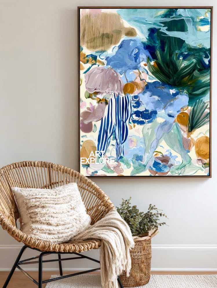 Abstract Blue And Green Floral Canvas Painting Hand-Painted Wall Art For Modern Home