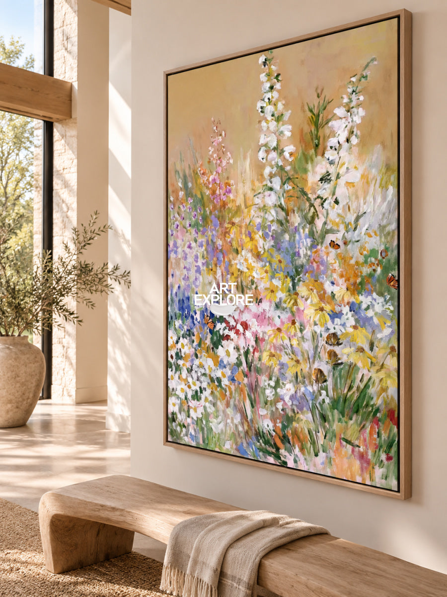 Colorful Abstract Floral Canvas Painting With Butterflies For Modern Home Decor