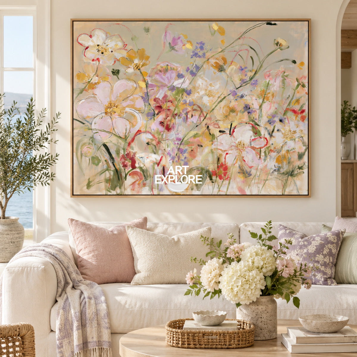 Abstract Floral Canvas Painting With Colorful Textured Flowers For Modern Wall Art