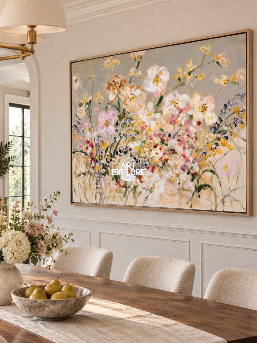 Abstract Floral Canvas Painting With Textured Colorful Flowers For Modern Home Decor