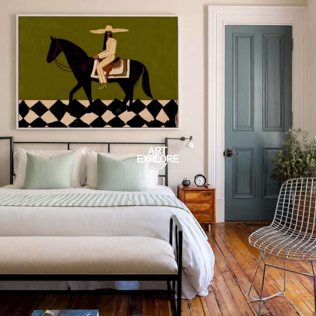 Stylized Black Horse And Rider Art Print Geometric Pattern Wall Decor For Entryway
