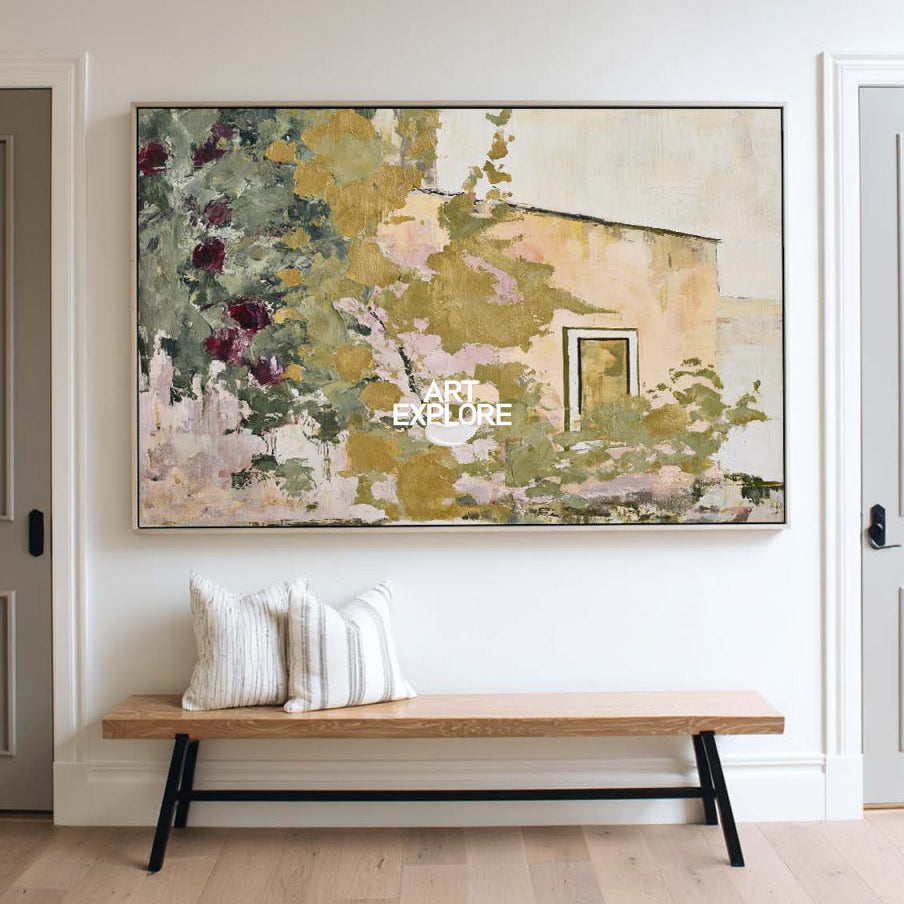 Abstract Floral Landscape Canvas Painting With Beige And Green Tones For Modern Walls