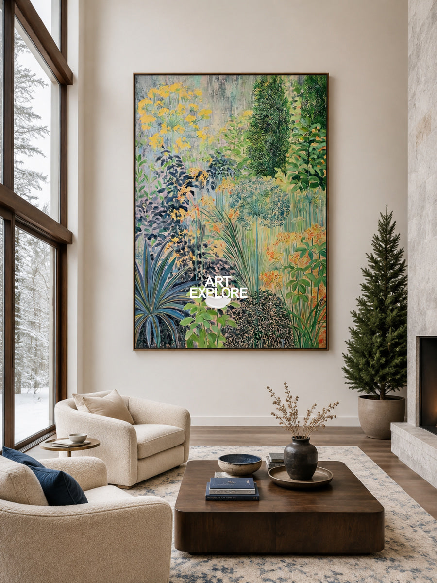 Abstract Botanical Garden Painting Green Yellow Blue Hand-Painted Canvas Wall Art