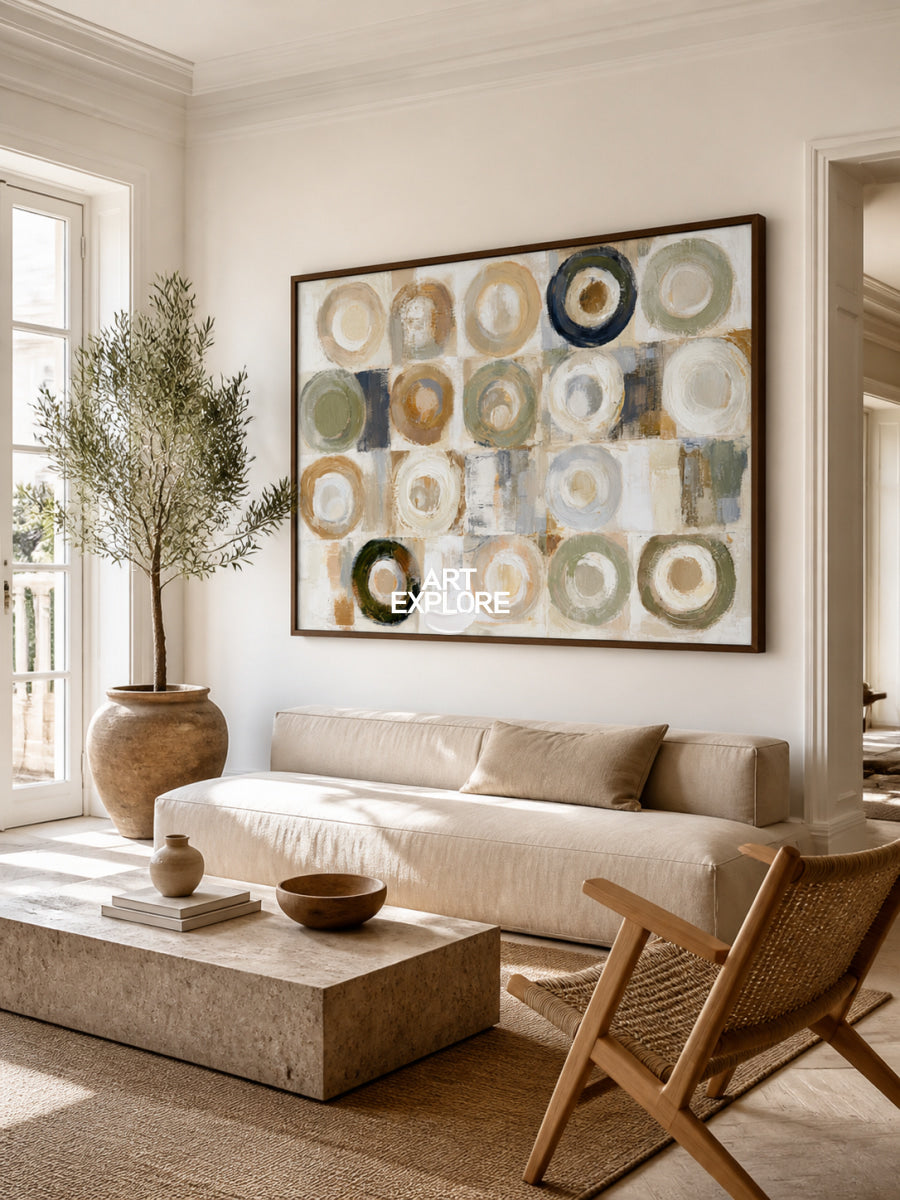 Warm Geometric Abstract Canvas Painting With Earthy Circles For Modern Decor