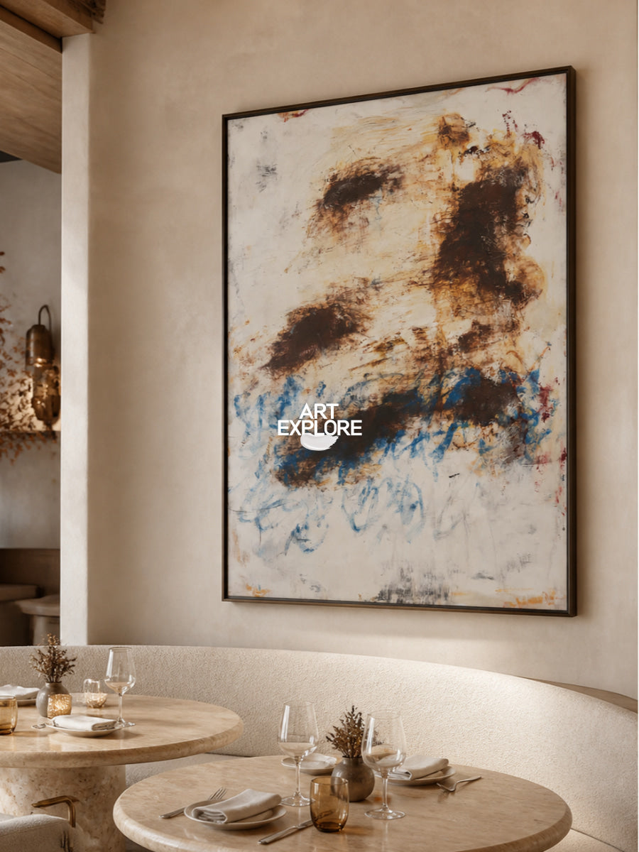 Expressive Doodle Style Painting In Brown And Blue Hues