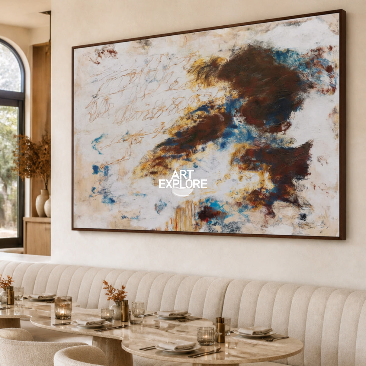 Brown And Blue Abstract Canvas Painting With Doodle Lines For Modern Wall Art