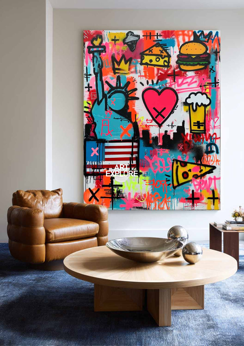 Hand-Painted Urban Graffiti Canvas With Pink Heart And Crown Pop Art