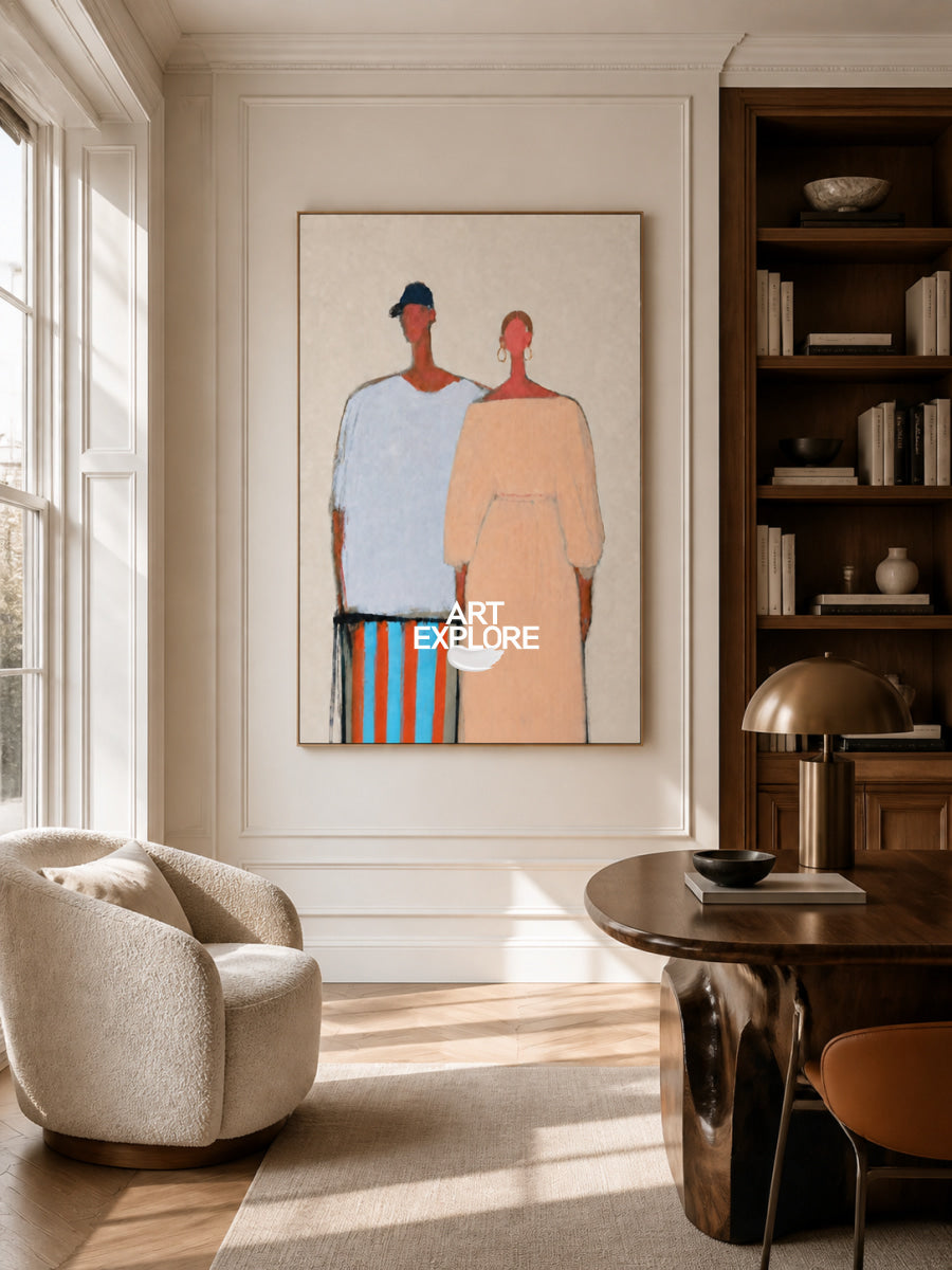 Abstract Figure Painting In Beige And Blue And Beige For Living Room Wall Art