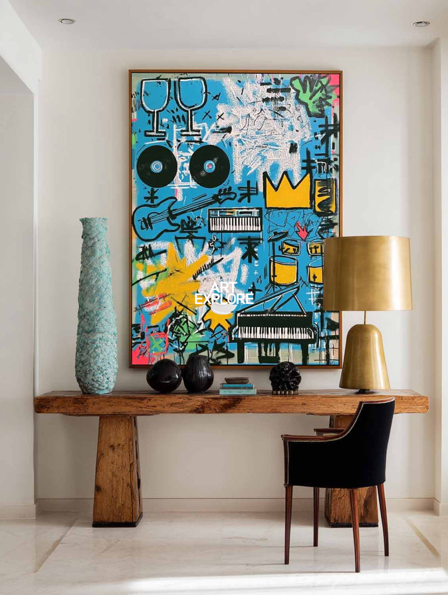 Abstract Graffiti Art Painting With Music Motifs In Blue For Modern Living Room Decor