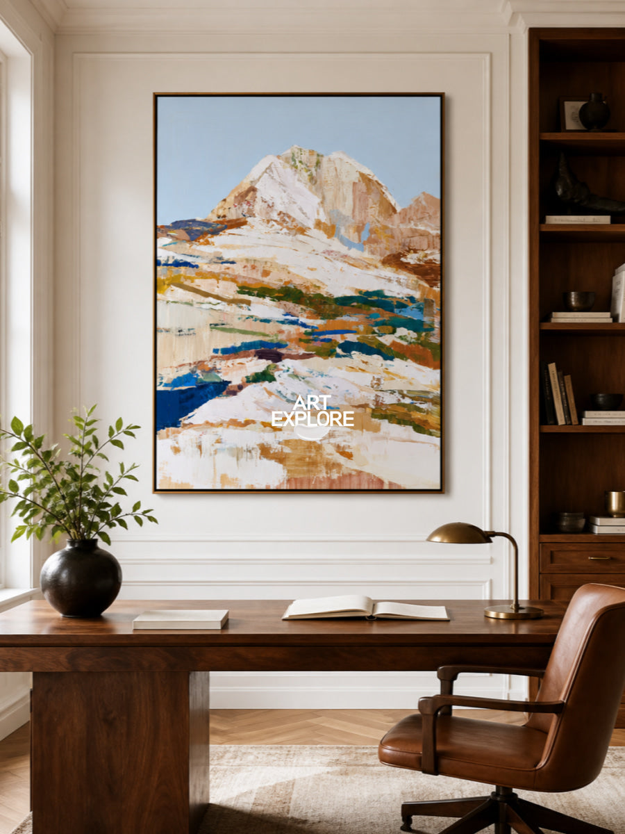 Abstract Mountain Landscape Canvas Painting In Blue And Brown Tones