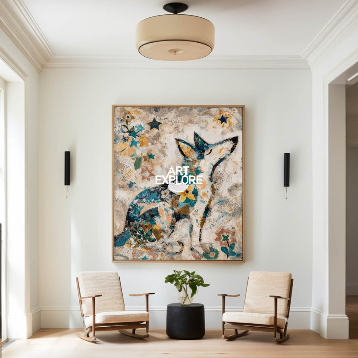 Modern Abstract Animal Art Beige And Blue Wolf Painting For Living Room Decor