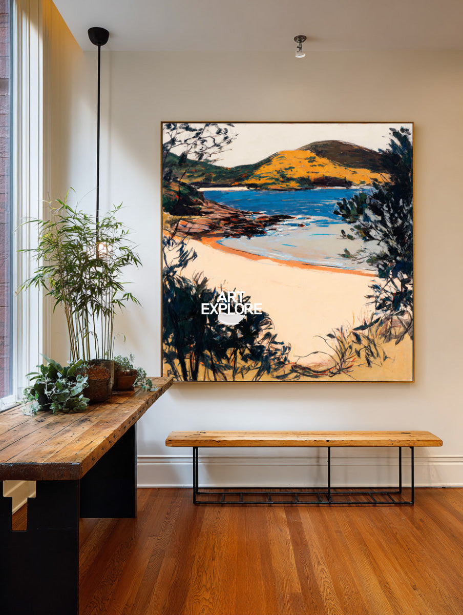 Abstract Lake Landscape Canvas Painting With Warm Golden Hills And Blue Water