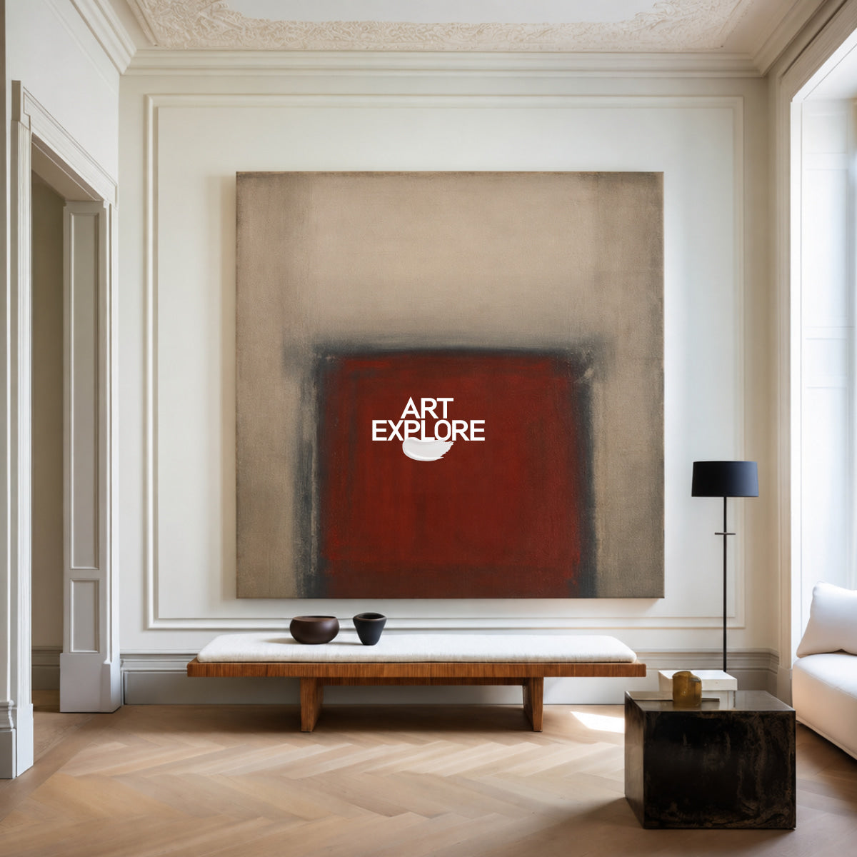 Minimalist Red Abstract Canvas Art With Soft Beige Tones And Geometric Shape