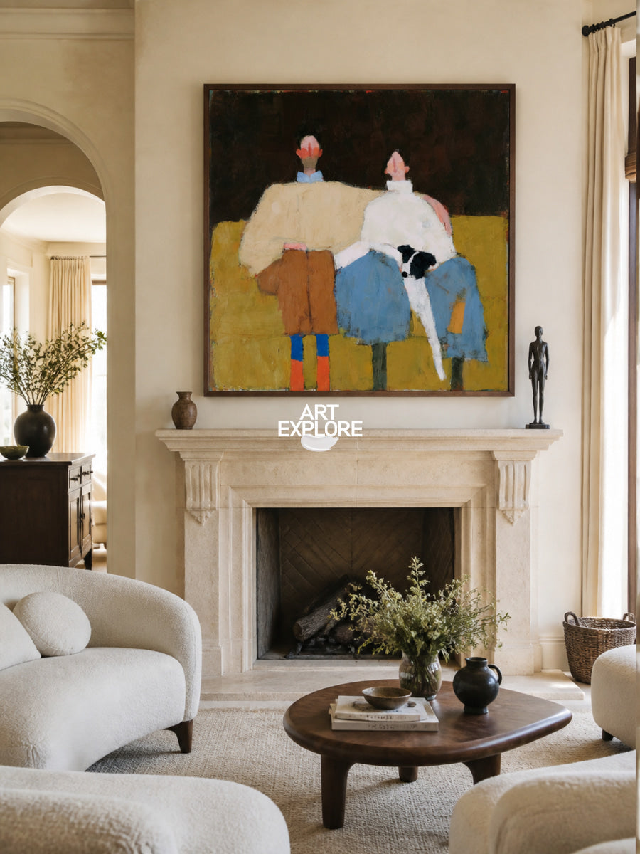 Contemporary Square Oil Painting Of Couple With Pet In Brown Blue For Living Room Decor