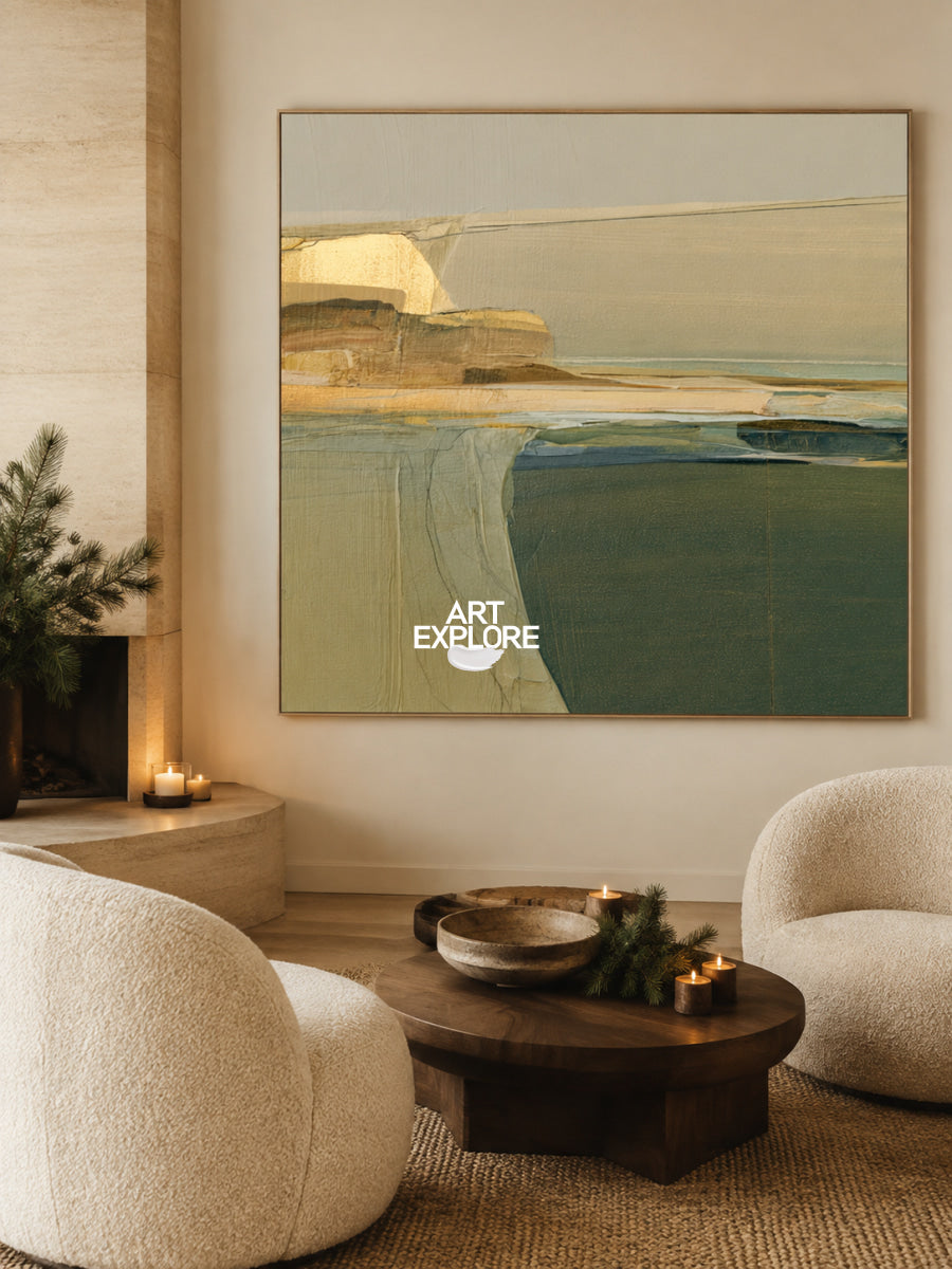 Minimalist Abstract Art With Textured Green And Gold Accents Original Canvas