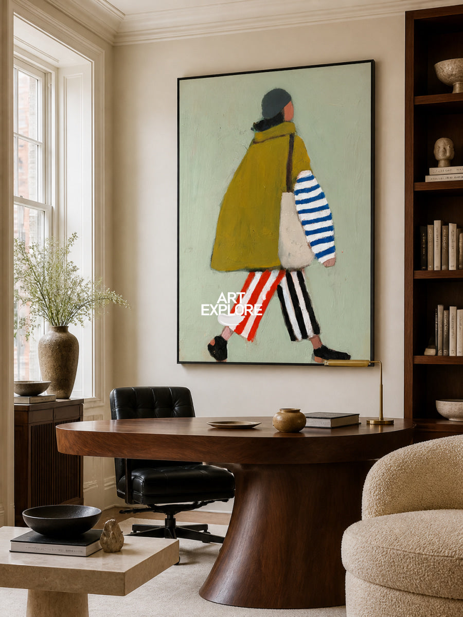 Minimalist Green Fashion Woman Painting Original Oil On Linen Canvas For Living Room Decor