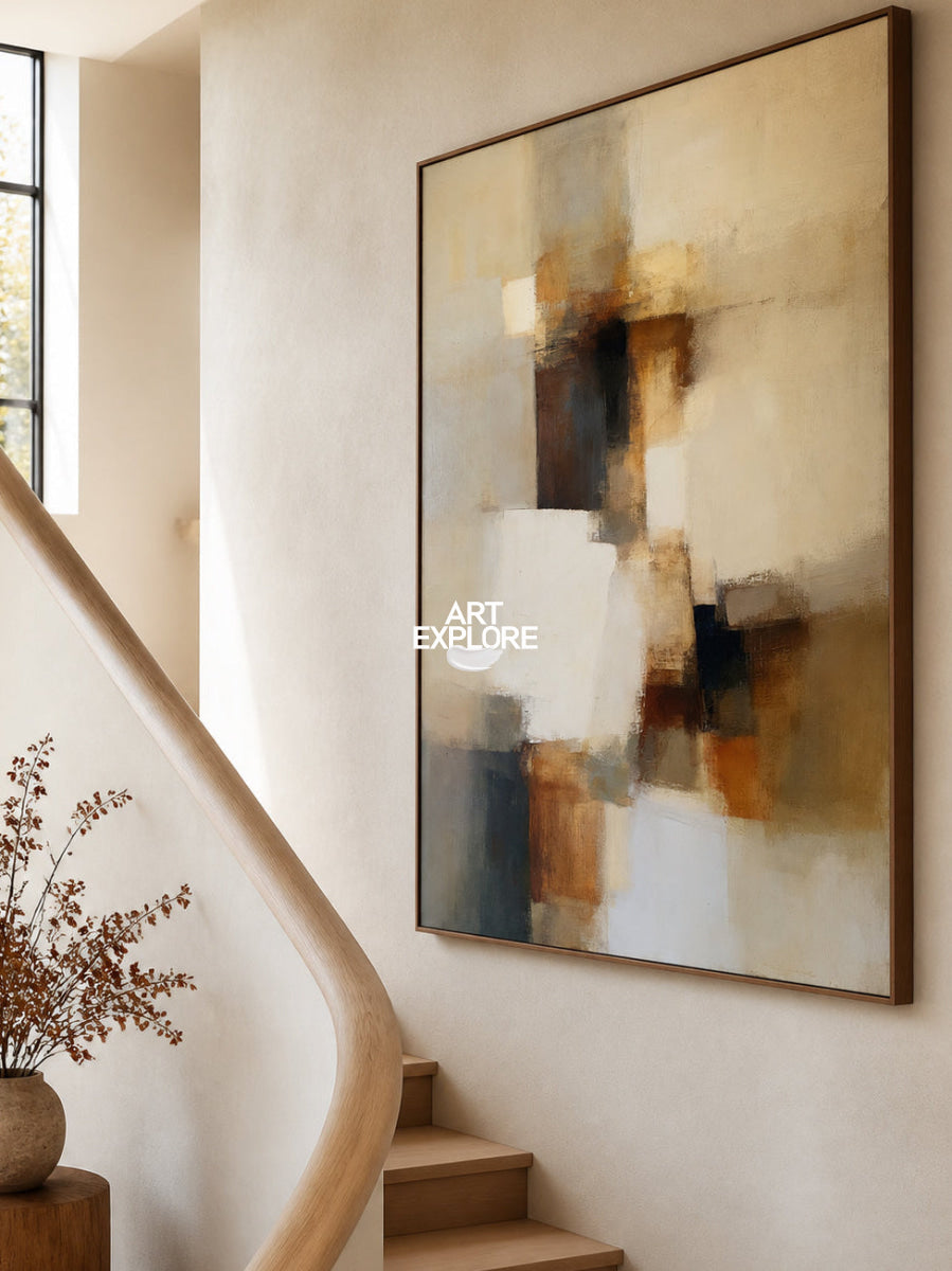 Earthy Abstract Expressionism Art Beige Brown Handmade Canvas For Office Decor