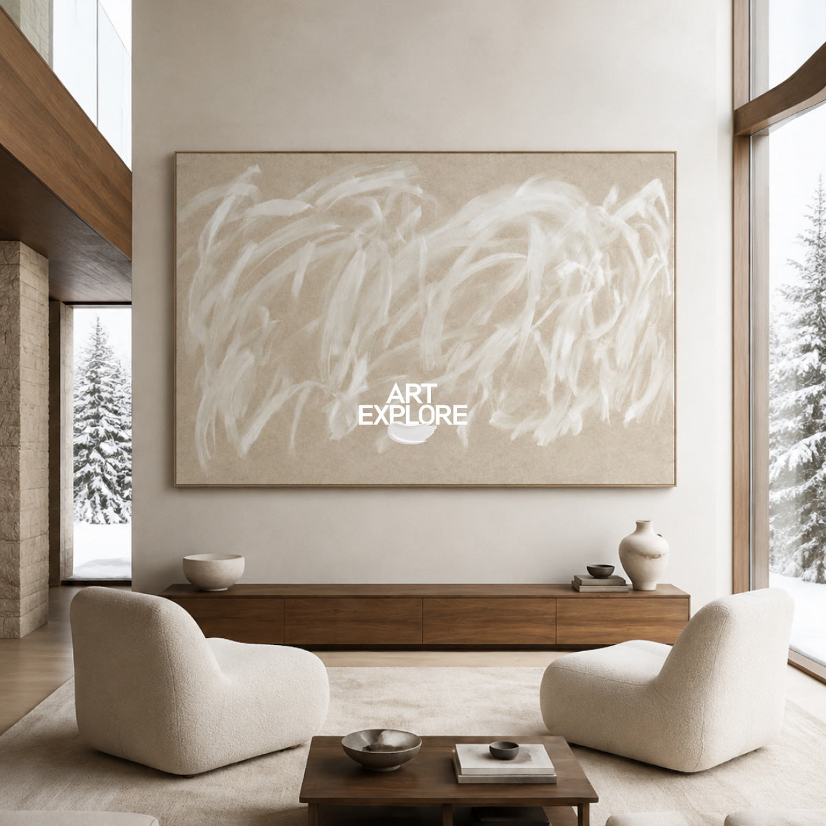 Abstract Beige And White Hand-Painted Canvas Wall Art For Modern Home Decor