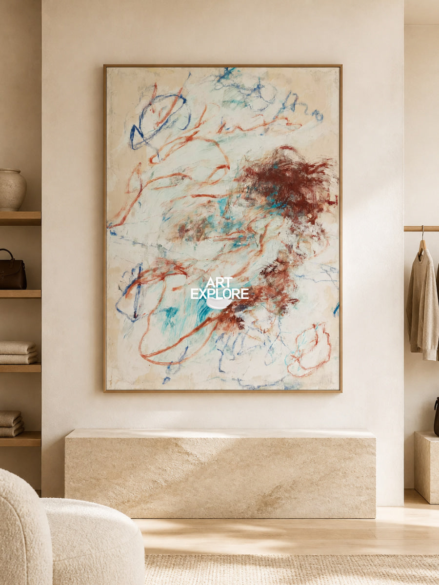 Modern Beige Wall Art For Living Room With Expressive Lines