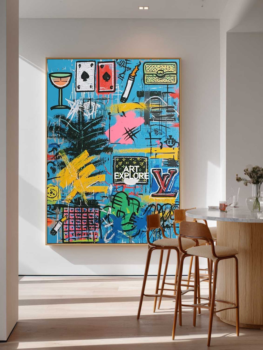 Original Blue Graffiti Art With Pop Culture Icons For Modern Living Room Decor