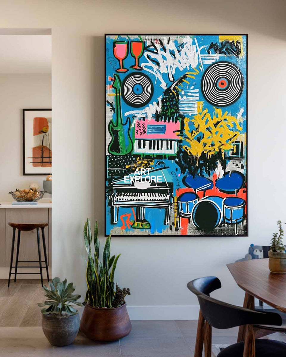Vibrant Graffiti Music Painting With Blue Urban Jazz Instruments For Modern Home Decor