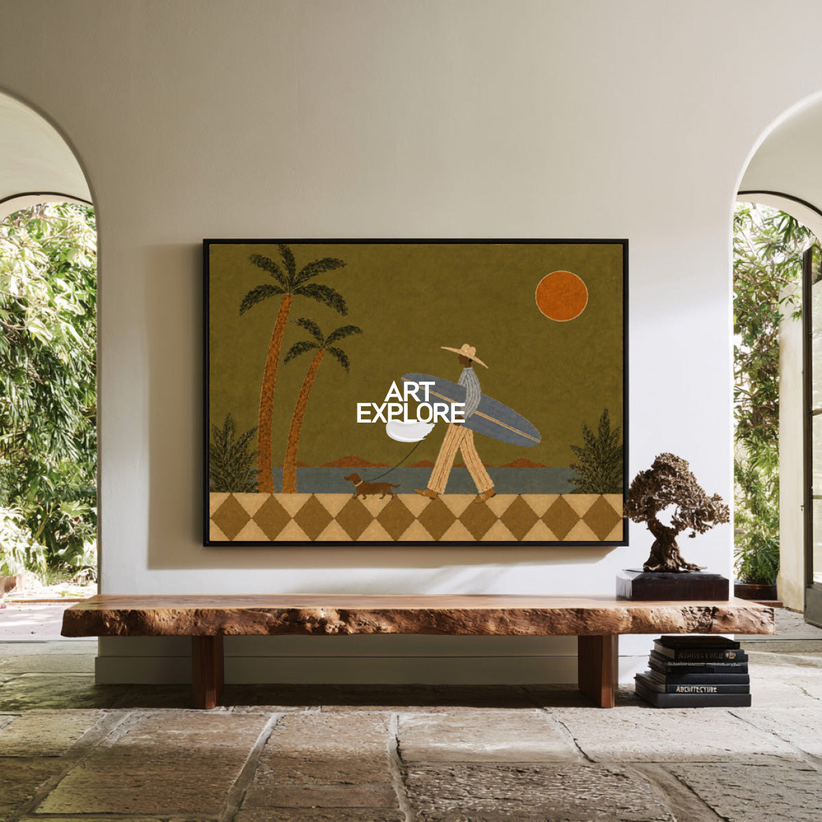 Surfer And Dog Folk Art Canvas Painting Green Coastal Wall Decor