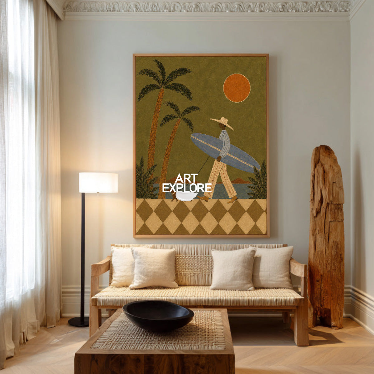 Green Folk Art Canvas Painting Retro Surfer Scene Handmade Decor