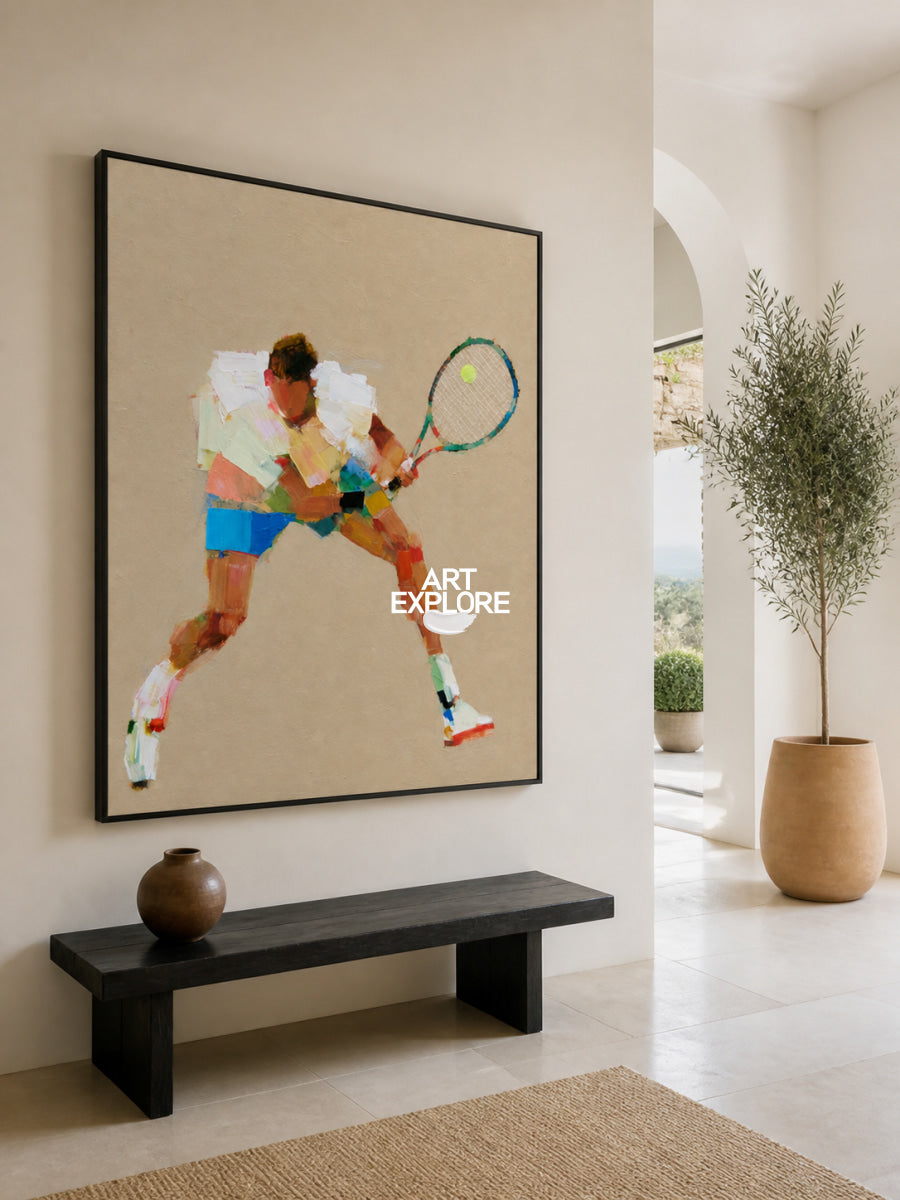 Abstract Tennis Player Painting On Canvas With Earthy Tones For Game Room Decor