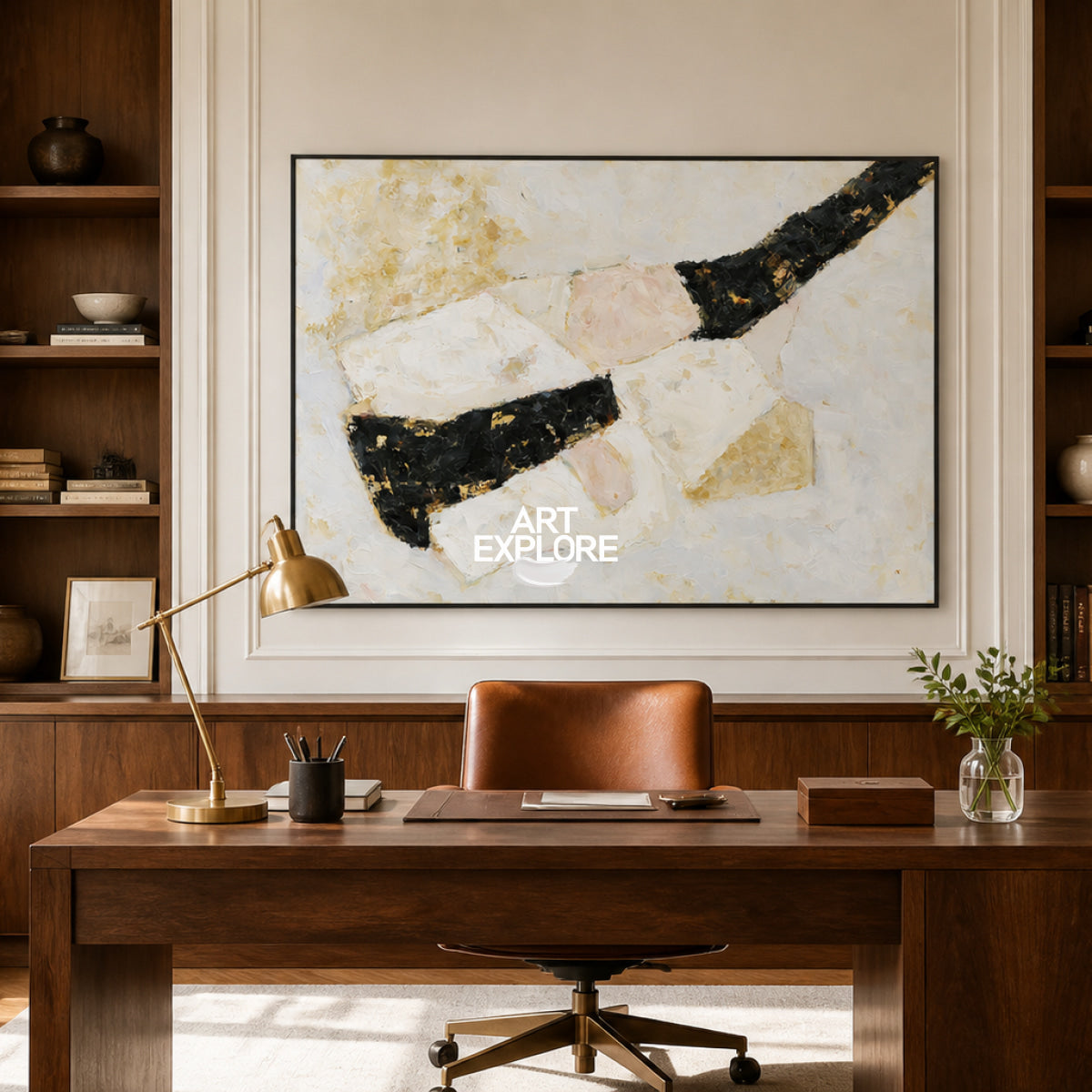 Abstract Geometric Canvas Painting In Black White And Beige