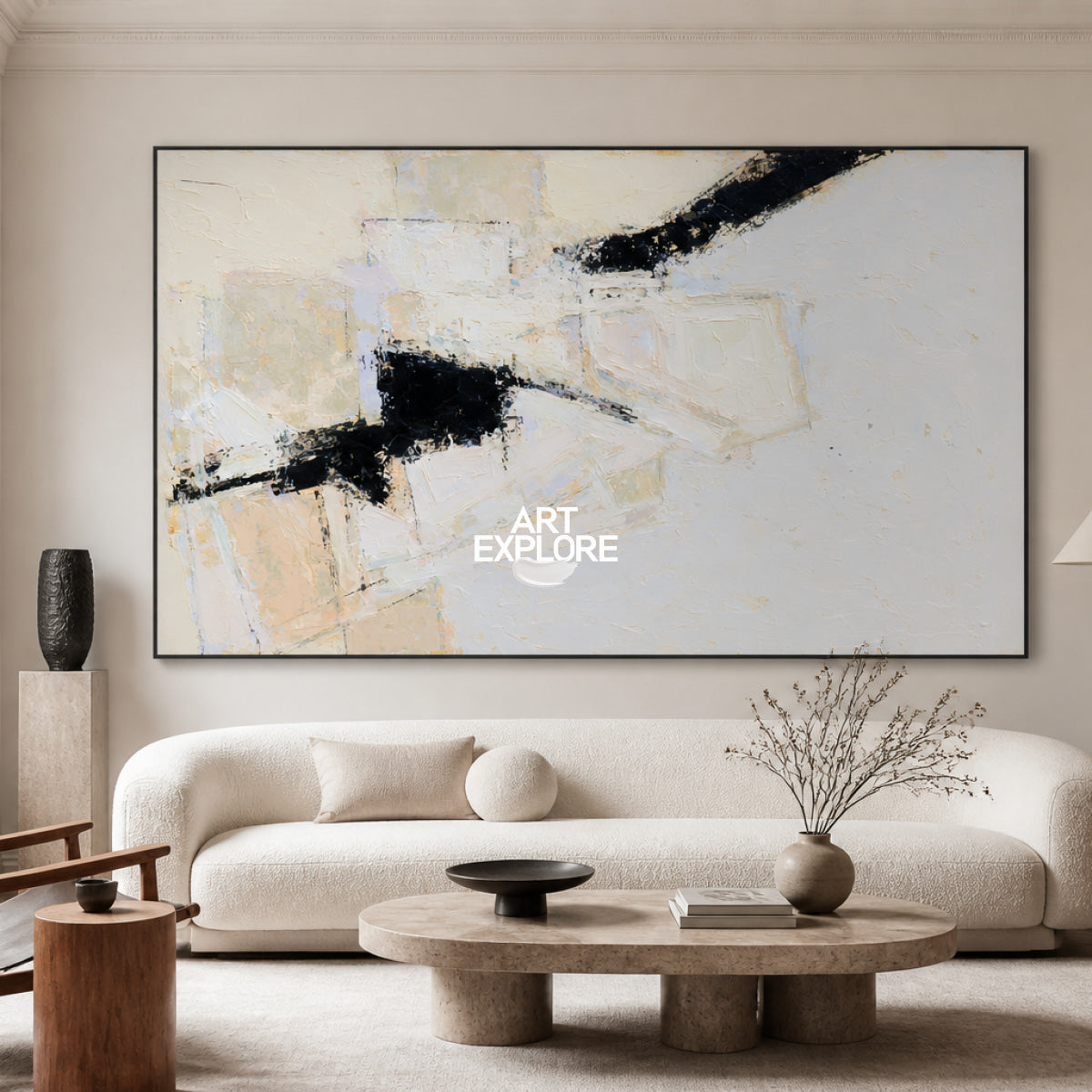 Modern Minimalist Abstract Painting With Textured Brushstrokes In Neutral Colors