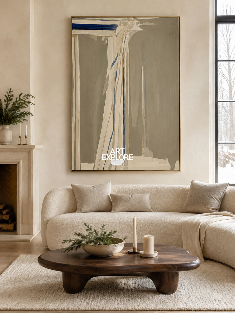 Abstract Beige And Blue Canvas Painting With Fluid Forms For Modern Walls
