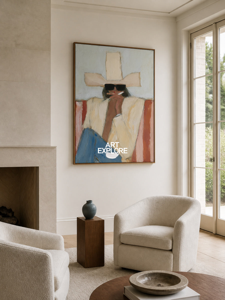 Abstract Cowboy Painting Yellow Blue Tones Modern Wall Art For Living Room Decor