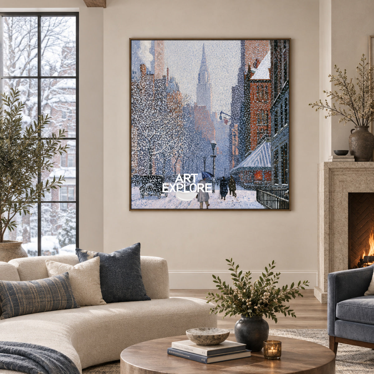 Realistic Winter Cityscape Hand-Painted Canvas Art In Blue And White
