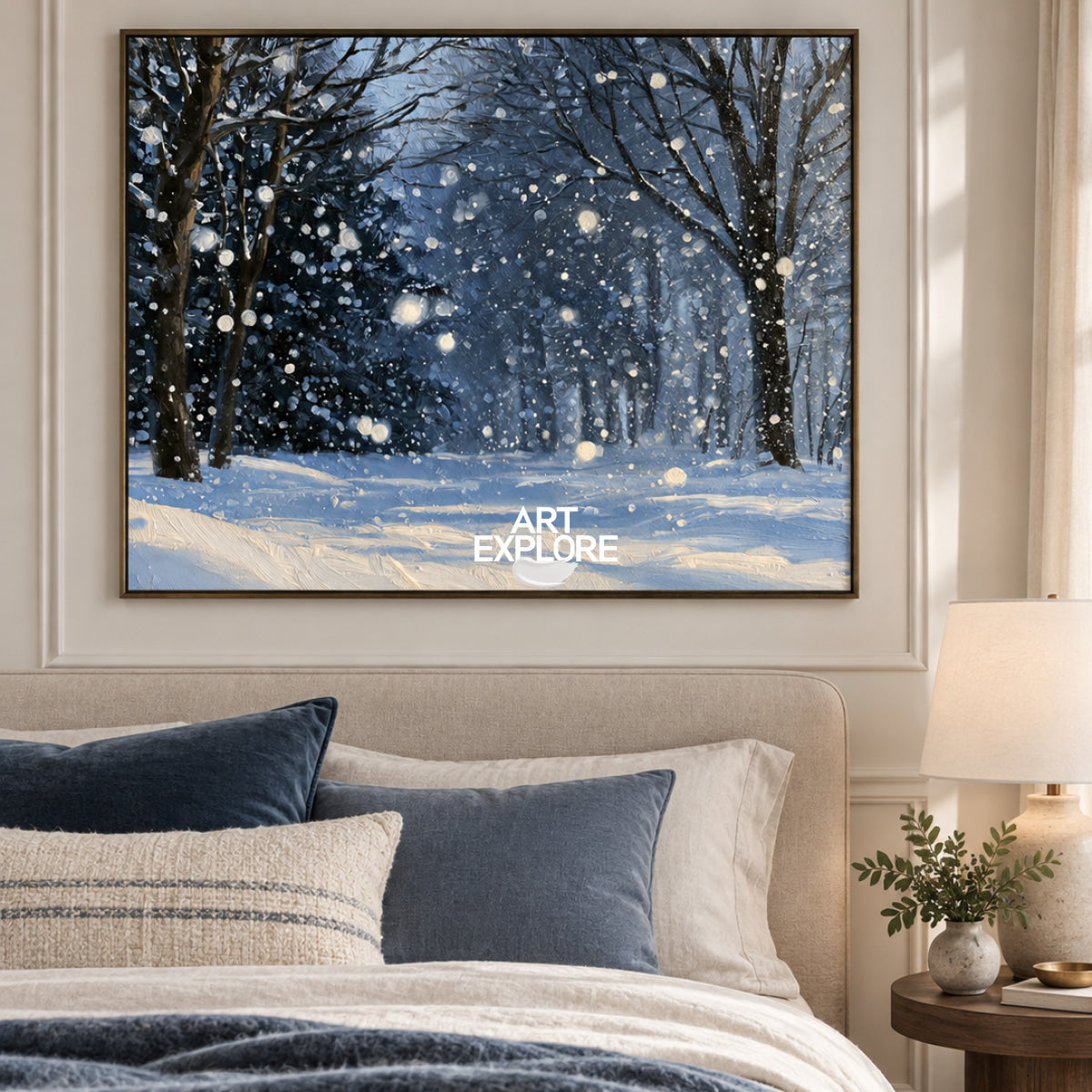Abstract Winter Forest Landscape Hand-Painted Canvas Art In Blue And White