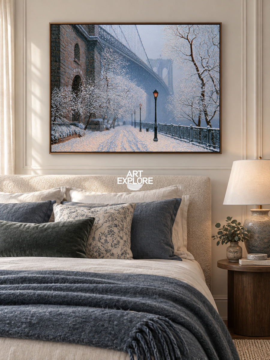 Realistic Blue And White Winter Painting Of City Architecture On Canvas