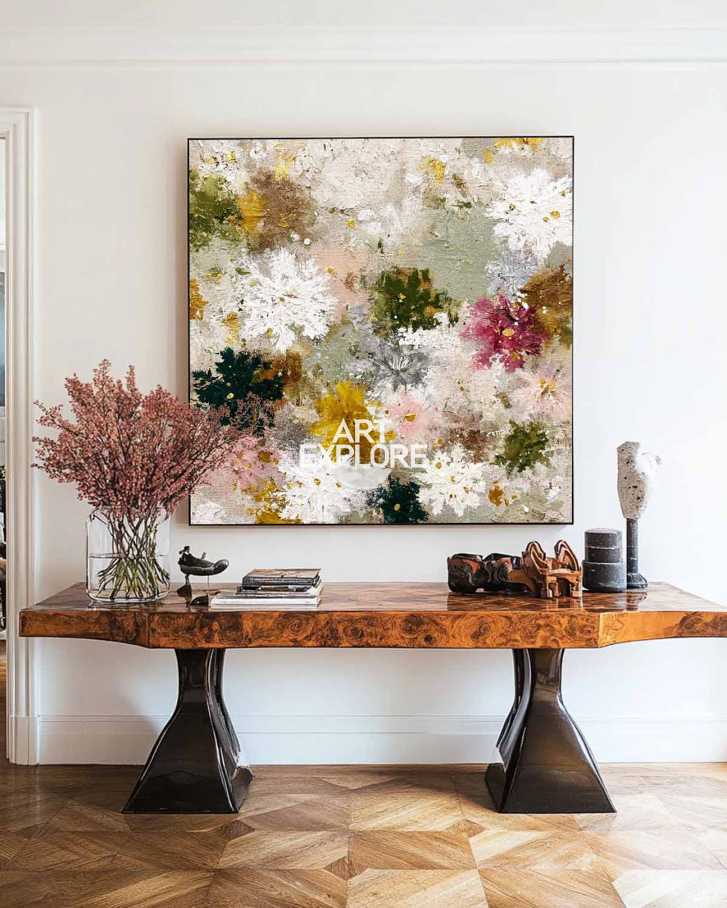 Cozy Colorful Floral Abstract Art, Large Square Wall Decor – ArtExplore