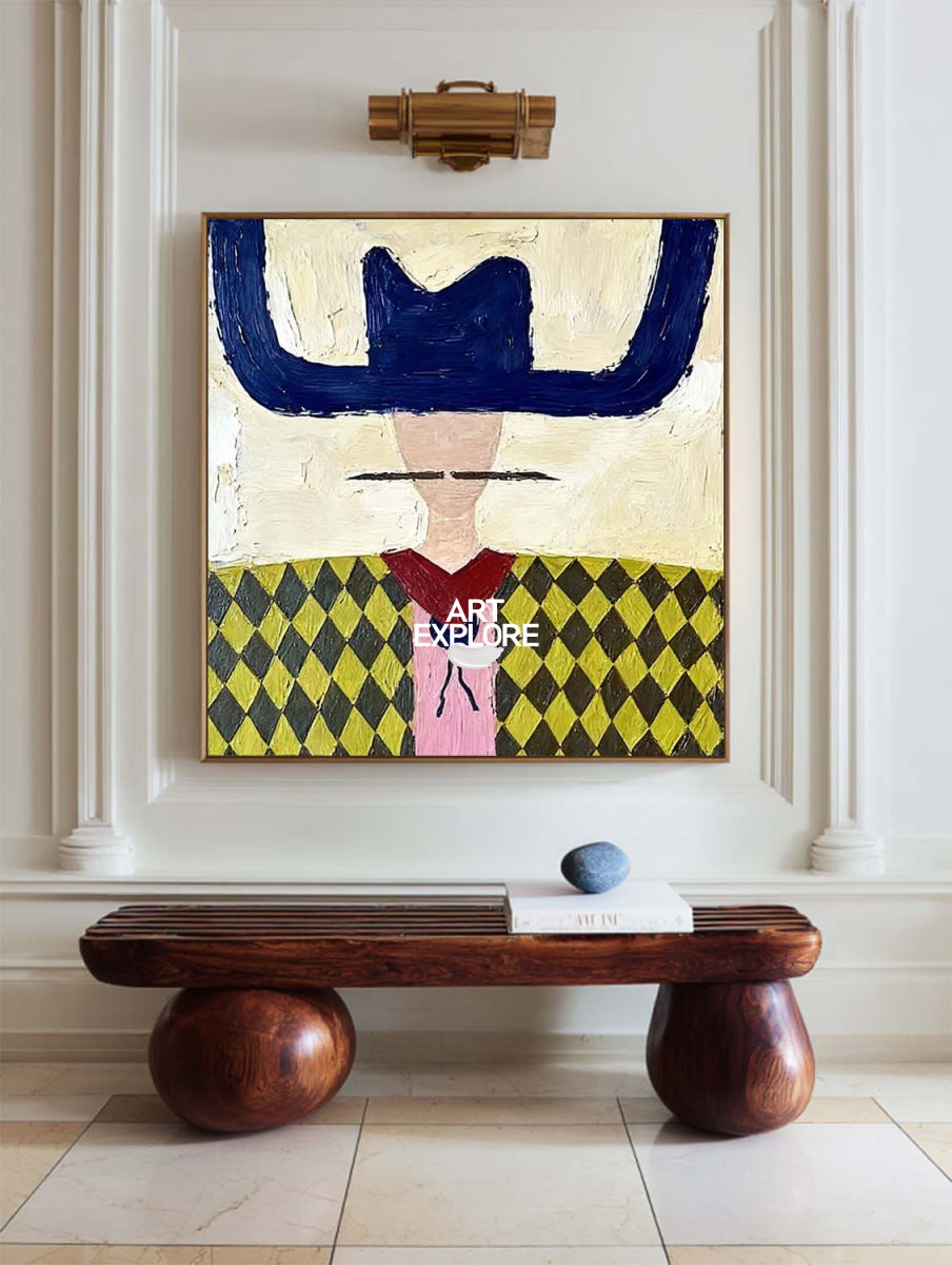 Minimalist Folk Art Painting With Geometric Cowboy In Yellow And Blue For Modern Home Decor