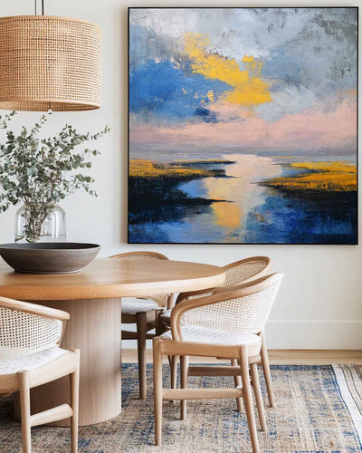 Large Blue Sea and Sunset Oil Painting Blue Seaside Textured Wall Art Modern Blue Abstract Fine Art