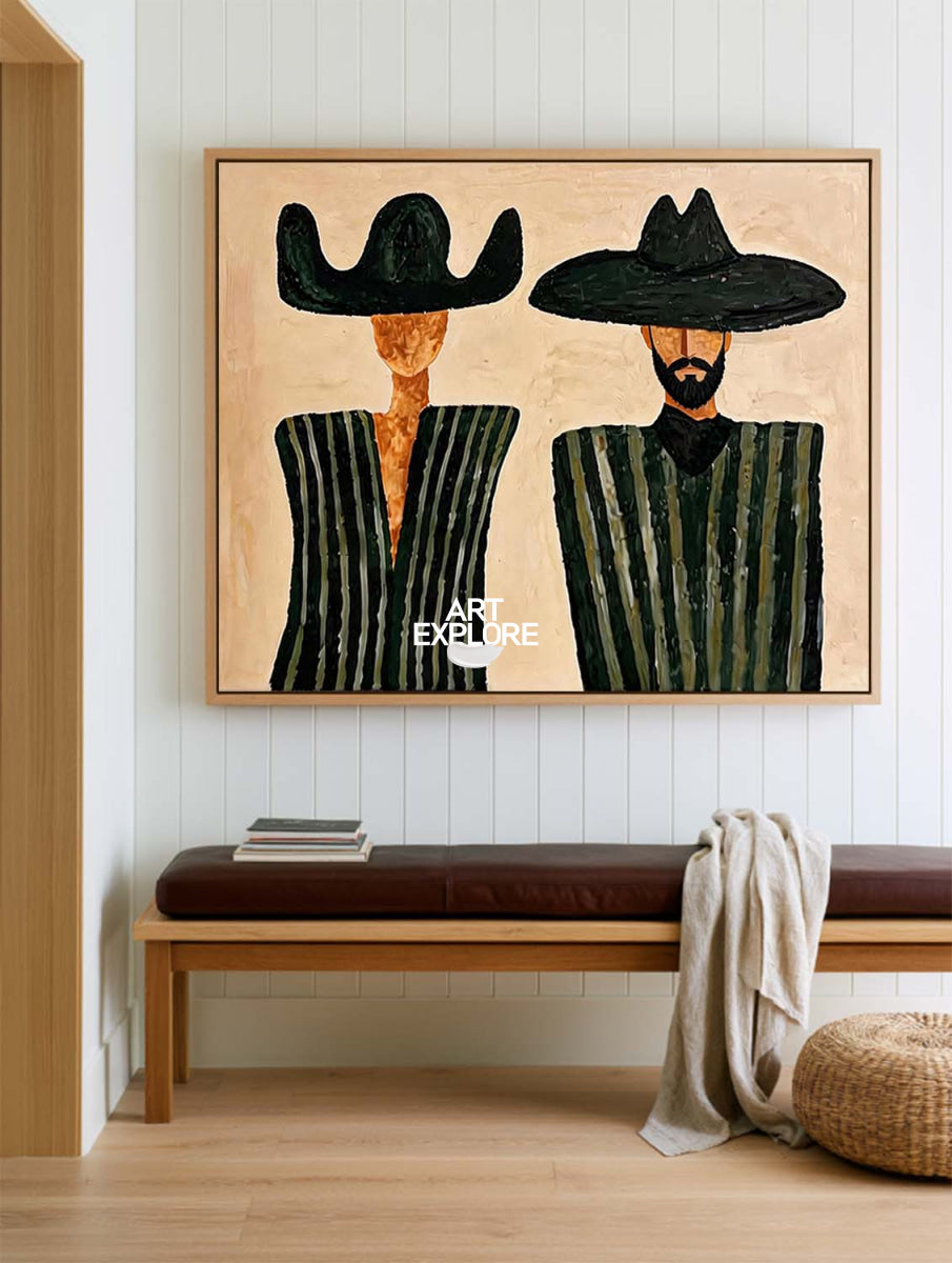 Minimalist Beige Cowboy Painting Horizontal Canvas Wall Art For Living Room And Office Decor