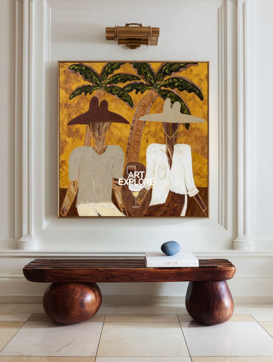 Tropical Minimalist Folk Art Painting Brown Green Beige Square Canvas Original Handmade