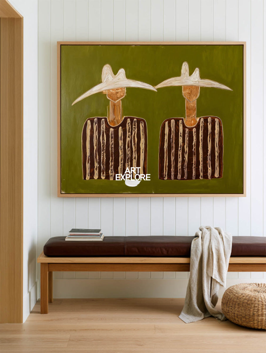 Minimalist Folk Art Painting Green And Brown Abstract Figures For Modern Home Decor