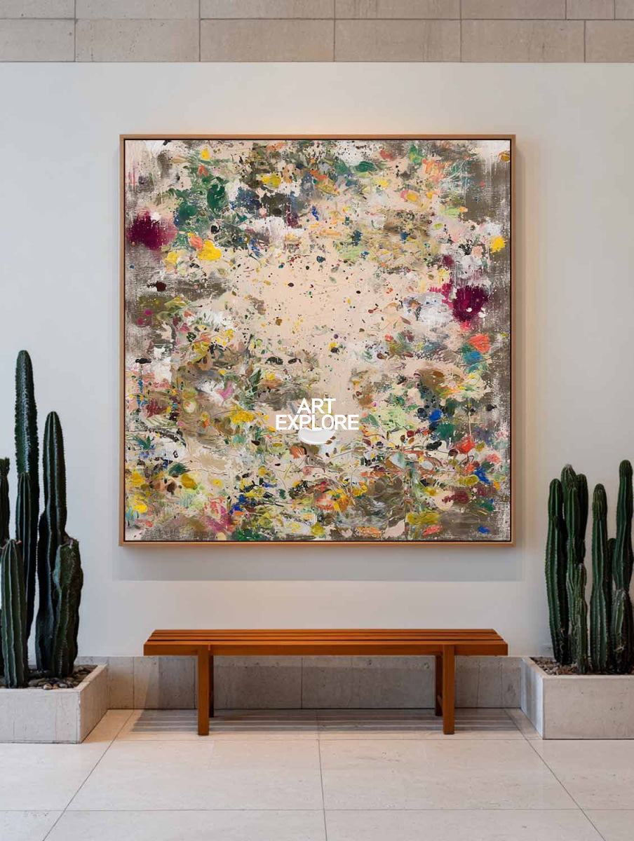 Abstract Beige And Brown Canvas Painting With Colorful Splashes