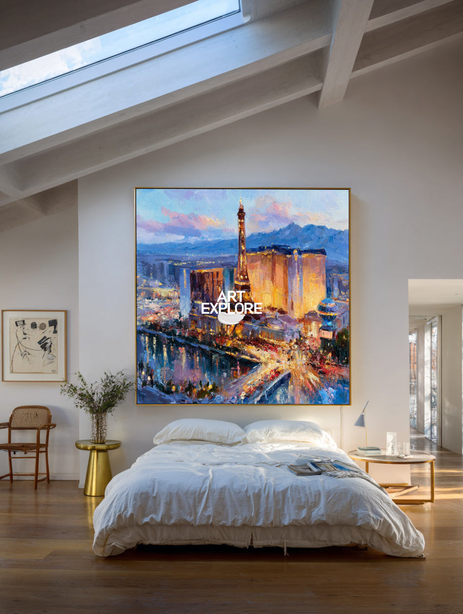 Hand-Painted Paris Cityscape Canvas Art With Eiffel Tower In Blue And Gold
