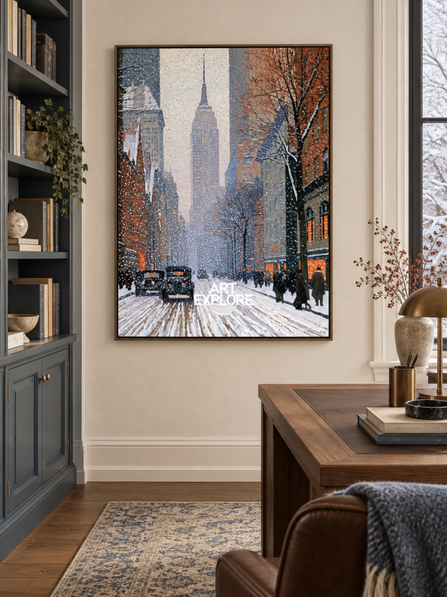 Vintage NYC Snow Street Painting With Empire State Building