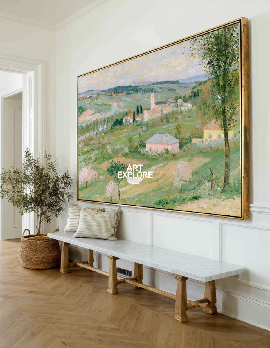 Hand-Painted Abstract Green And Pink Countryside Impressionist Landscape Canvas Art