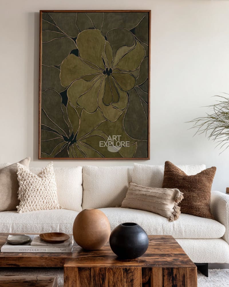 Elegant Hand-Painted Floral Wabi-Sabi Art, Modern Green Canvas | ArtExplore