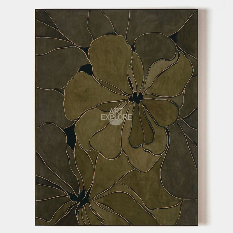 Elegant Hand-Painted Floral Wabi-Sabi Art, Modern Green Canvas Wall Art | ArtExplore