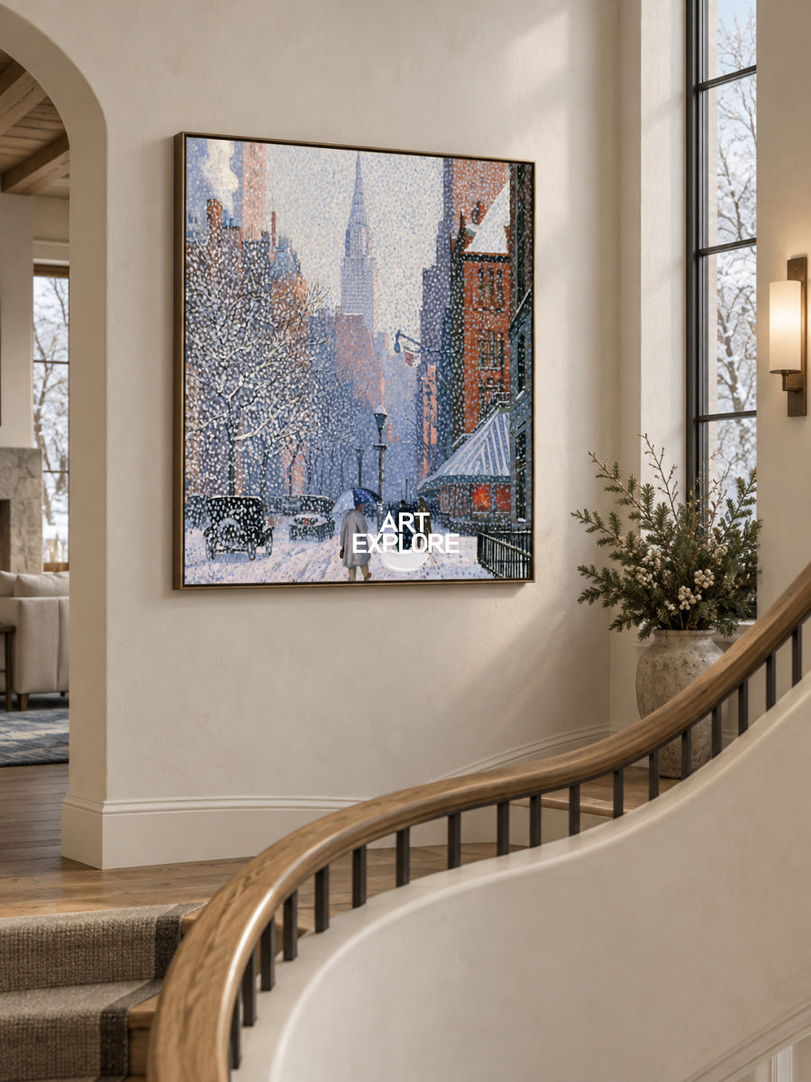 Realistic Winter Cityscape Hand-Painted Canvas Art In Blue And White