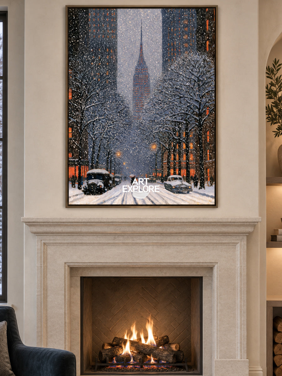 Snowy New York City Painting With Empire State Building Blue Wall Art