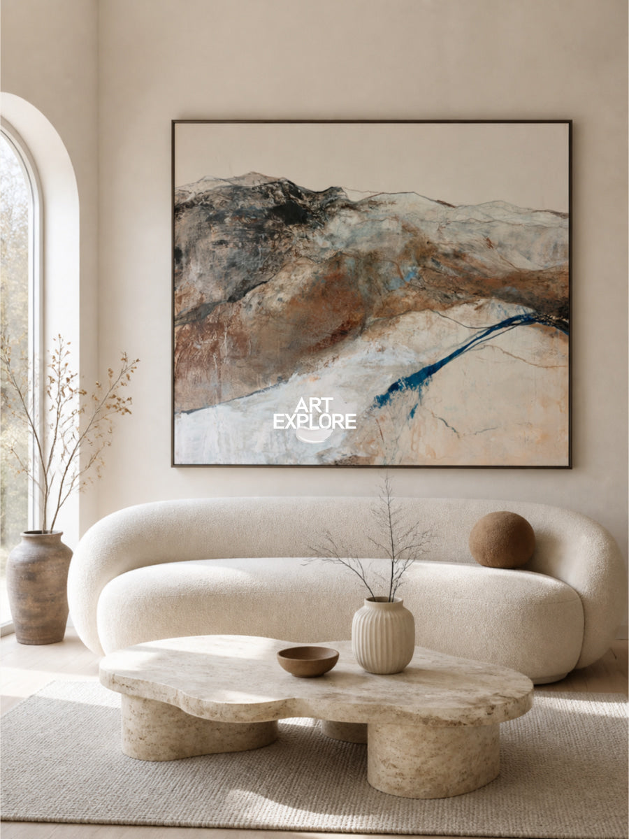 Contemporary Abstract Expressionist Canvas Art In Warm Brown And Cool Blue Palette